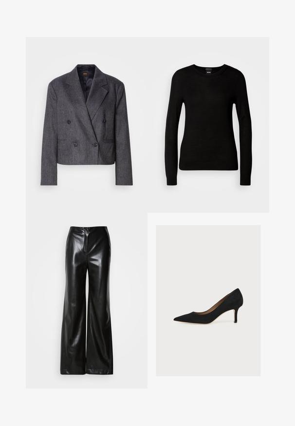 Grijze double-breasted blazer van een structuurstof, met notch-lapels en twee voorzakken. Bevat zwarte knopen en een cropped design.; Zwarte trui van fijne brei, met een ronde halslijn en lange mouwen met smalle manchetten. Geen zichtbare patronen of versieringen.; Zwarte leren wijde broek met een gladde textuur, hoge taille en een verborgen ritssluiting aan de voorkant. Tailored fit met een nette afwerking.; Zwarte suède pump met puntige neus, middenhoge naaldhak en tan binnenzool op een lichte achtergrond.