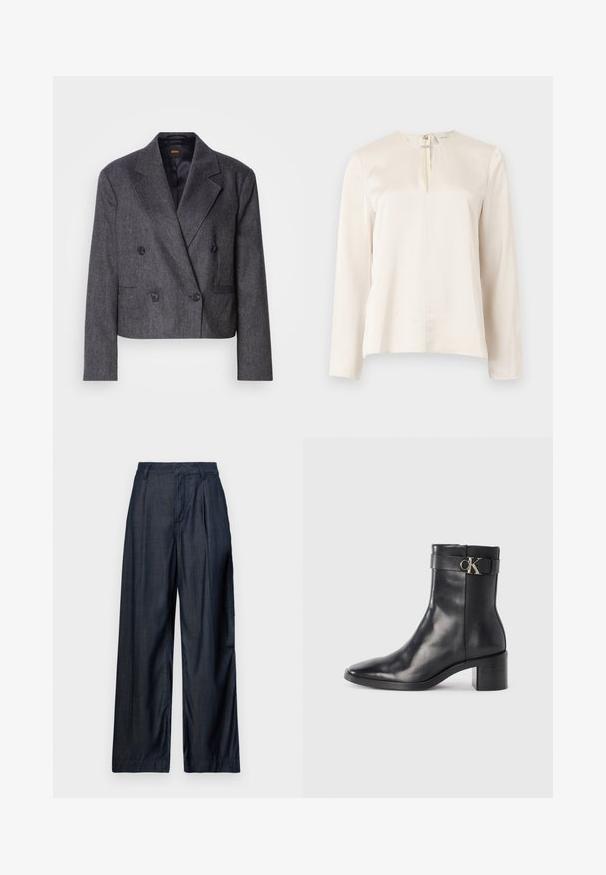 Grå doublé blazer med tekstureret stof, med spidse klapper og to forlommer. Udstyret med sorte knapper og et cropped design.; Cremefarvet bluse med lange ærmer, rund halsudskæring, frontplissering og skjult lynlås bagpå. Glat, silkeblød tekstur.; Mørkeblå, vide bukser lavet af glat stof, med plisseringer foran og et liv med bæltesløjfer.; Sort læder ankelstøvle med spids tå, blokhæl og en rem med en metallisk logo detalje. Glat tekstur og minimalistisk design.