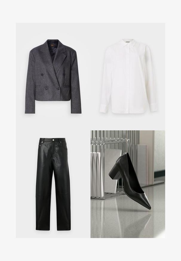 Grijze double-breasted blazer van een structuurstof, met notch-lapels en twee voorzakken. Bevat zwarte knopen en een cropped design.; Witte button-up shirt van gladde stof. Kenmerkt zich door een klassieke kraag, lange mouwen en een rechte snit zonder zichtbare patronen of versieringen.; Zwarte nep leren broek met rechte pijpen, hoge taille, voorste knoop, ritssluiting, riemlussen en zijzakken tegen een effen achtergrond.; Zwarte leren pumps met een spits toelopende neus en blokhak, zwevend boven een reflecterende vloer naast een metalen documenthouder met papieren.