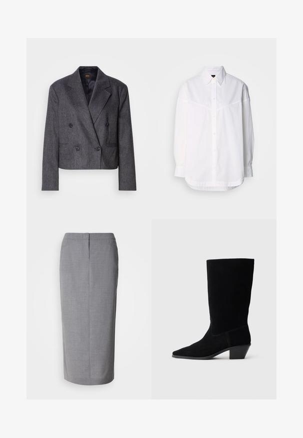 Blazer gris de doble botonadura con tejido texturizado, solapas de pico y dos bolsillos frontales. Presenta botones negros y un diseño cropped.; Camisa de manga larga blanca de algodón, con cuello abotonado, botones frontales y un corte holgado con detalles de costura sutiles.; Falda lápiz gris hecha de una tela texturizada, con corte recto, abertura trasera y cierre de cremallera oculta en la parte posterior.; Botín de ante negro hasta el tobillo con punta afilada, caña de altura media y tacón grueso. Presenta costuras mínimas y una textura suave.