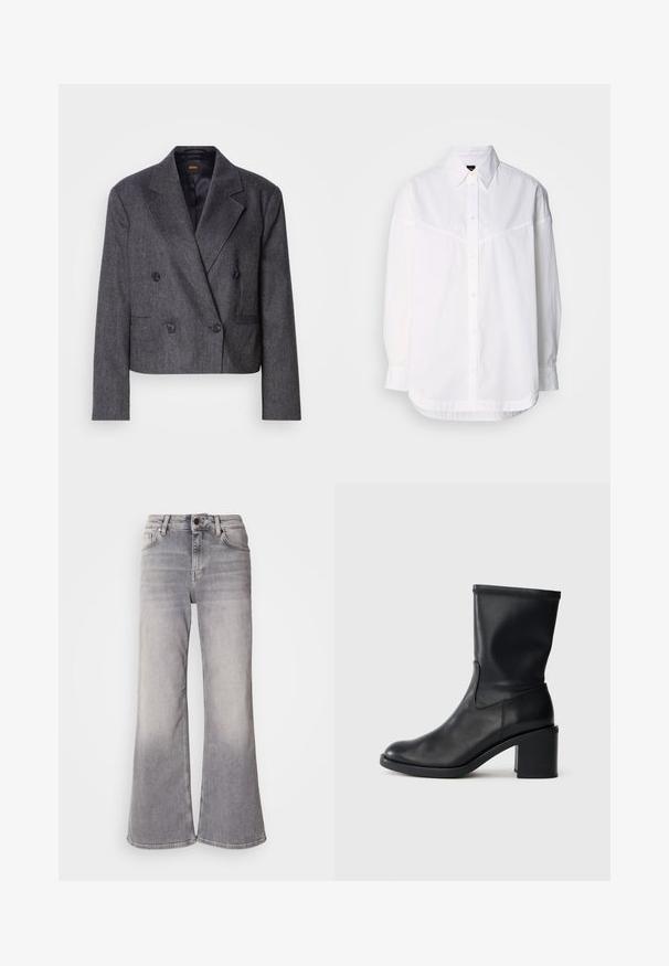 Grauer doppelt üblicher Blazer aus strukturiertem Stoff, mit Reverskragen und zwei vorderen Taschen. Verfügt über schwarze Knöpfe und ein tailliertes Design.; Weißes Langarmshirt aus Baumwolle mit einem Button-down-Kragen, Frontknöpfen und einer lässigen Passform mit dezenten Stickdetails.; Mos Mosh HERA - Flared Jeans - grey; Schwarze Leder-Ankle Boots mit runder Zehenform, glatter Oberfläche und dicker Absatz, ausgestattet mit einem eng anliegenden Schaft und subtilen Nähten.