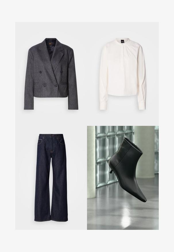 Grijze double-breasted blazer van een structuurstof, met notch-lapels en twee voorzakken. Bevat zwarte knopen en een cropped design.; Witte blouse met lange mouwen, een ronde kraag en knoopsluiting, met subtiele verticale strepen, weergegeven op een effen achtergrond.; Wijde donkerdenim jeans met een hoge taille, voorzien van steekzakken en subtiele stiksels. Glad textuur met een klassieke snit.; Zwarte leren enkellaars met spits toelopende neus en lage kittenhak, schuin weergegeven tegen een gepolijste vloer en een glazen blokken muur als achtergrond.