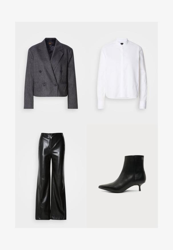 Grijze double-breasted blazer van een structuurstof, met notch-lapels en twee voorzakken. Bevat zwarte knopen en een cropped design.; Witte overhemd met een voorpanneel, lange mouwen en knoopmanchetten. Gemaakt van glad katoen met een gestructureerde pasvorm.; Zwarte leren wijde broek met een gladde textuur, hoge taille en een verborgen ritssluiting aan de voorkant. Tailored fit met een nette afwerking.; Zwart leren enkellaars met puntige neus en lage kittenhak op lichte achtergrond, zijaanzicht buitenkant.