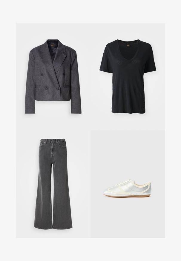 Blazer gris de doble botonadura con tejido texturizado, solapas de pico y dos bolsillos frontales. Presenta botones negros y un diseño cropped.; Camiseta negra de manga corta con cuello en V, hecha de una tela suave, con un corte holgado y un sutil detalle texturizado en la parte frontal.; Vaqueros de pierna ancha en denim negro desgastado, con una cintura alta, dos bolsillos frontales y cierres de botón metálico. Textura suave, detalles mínimos.; Zapatillas sintéticas plateadas con detalles en crema, perfil bajo, puntera redonda y suela de goma plana; cuentan con costuras clásicas y cierre de cordones.