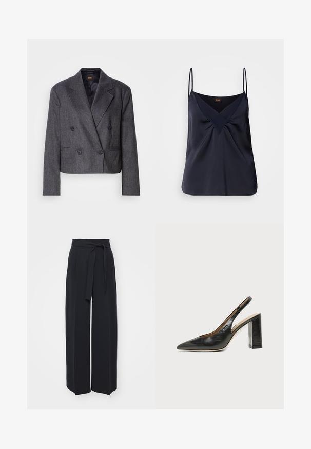 Grå doublé blazer med tekstureret stof, med spidse klapper og to forlommer. Udstyret med sorte knapper og et cropped design.; Marineblå silke top med tynde stropper, V-udskæring og samlede detaljer ved brystet; glat tekstur og løs pasform.; Vide sorte bukser lavet af blød stof. Har en bælteholdbar talje og frontfolder. Glat tekstur med et rent, moderne design.; Sort læder peep-toe slingback sko med høj blokhæl og beige indvendig foring mod en ensfarvet lys baggrund.