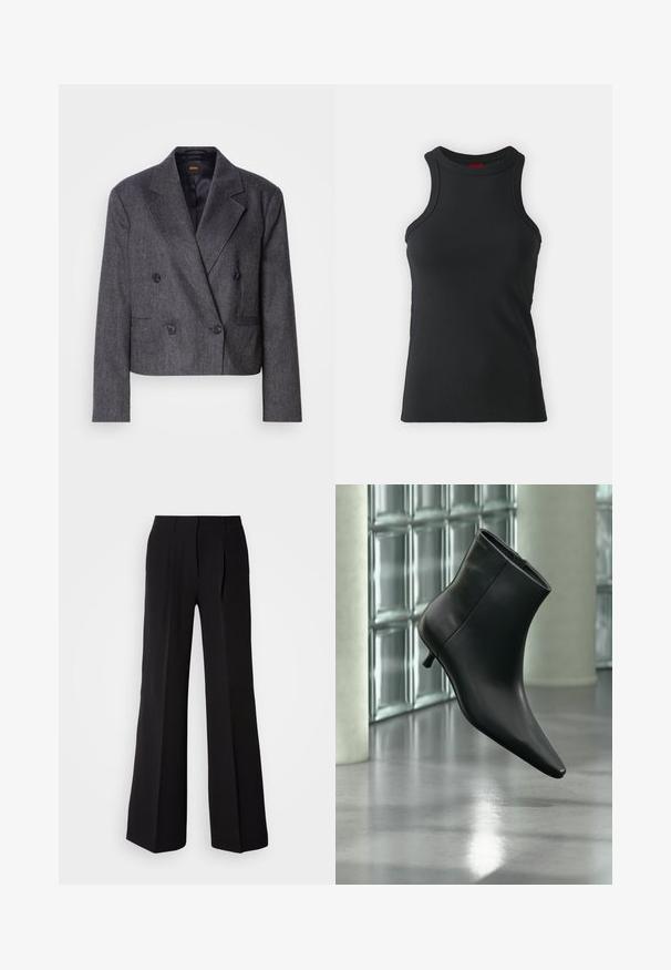 Grijze double-breasted blazer van een structuurstof, met notch-lapels en twee voorzakken. Bevat zwarte knopen en een cropped design.; Zwarte mouwloze tanktop gemaakt van rekbare stof. Heeft een ronde hals en een aansluitende snit met minimale stikdetails.; Zwarte broeken van soepele stof, met een hoge taille, wijde pijpen en twee plooien aan de voorkant voor extra ontwerpelementen.; Zwarte leren enkellaars met spits toelopende neus en lage kittenhak, schuin weergegeven tegen een gepolijste vloer en een glazen blokken muur als achtergrond.