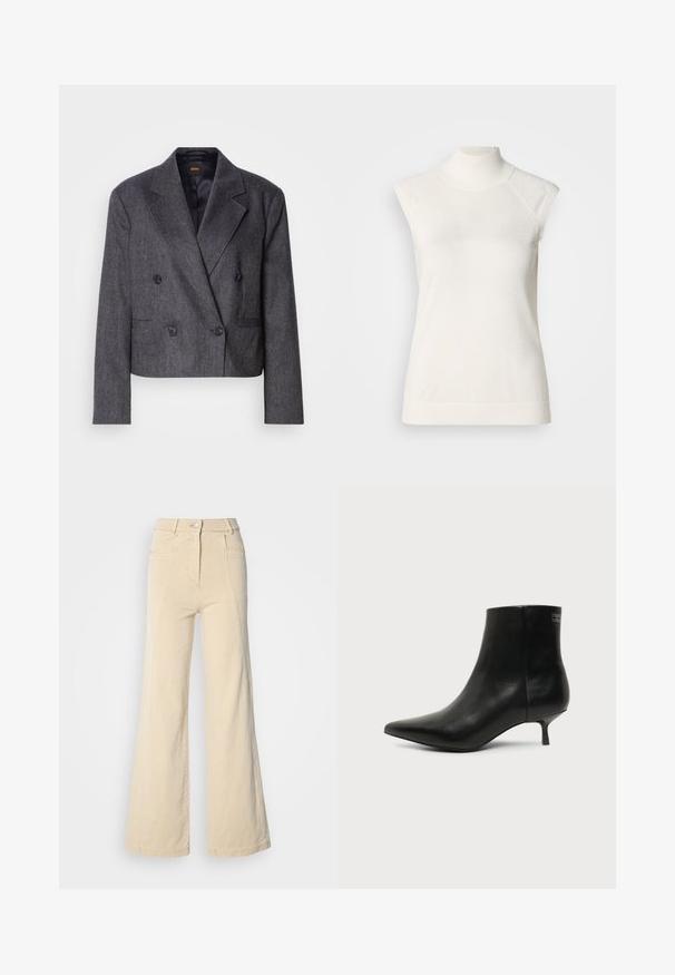 Blazer gris de doble botonadura con tejido texturizado, solapas de pico y dos bolsillos frontales. Presenta botones negros y un diseño cropped.; Top sin mangas de cuello alto blanco hecho de material suave; presenta un diseño ajustado con un cuello alto y una textura acanalada sutil en el dobladillo.; Jeans beige de pierna ancha con cintura alta, bolsillos frontales y costuras en contraste, con cierre de botón y una textura de algodón suave.; Botín de piel negra con puntera puntiaguda y tacón bajo estilo kitten sobre fondo claro, mostrando vista lateral exterior.