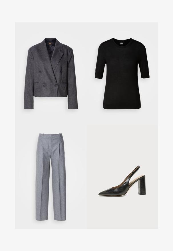 Grijze double-breasted blazer van een structuurstof, met notch-lapels en twee voorzakken. Bevat zwarte knopen en een cropped design.; Zwarte short-sleeve trui gemaakt van fijne merino wol. Ronde halslijn, slim fit, gladde textuur, minimalistisch design, geen zichtbare patronen of accenten.; Lichtgrijze wijdluwe broeken van een gestructureerde stof, met plooien aan de voorkant en een fijne taille. Minimalistisch ontwerp, zonder zichtbare hardware.; Zwarte leren slingback schoen met spits toelopend neusje, hoge blokhak en beige binnenvoering tegen een effen lichte achtergrond.