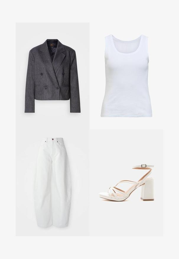 Grå doublé blazer med tekstureret stof, med spidse klapper og to forlommer. Udstyret med sorte knapper og et cropped design.; Hvid ribstrikket ærmeløs tanktop med rund halsudskæring og tætsiddende silhuet.; Højtaljede hvide denimbukser med løs pasform. Har en knaplukning, sidelommer og et minimalistisk design. Glat tekstur.; Hvid sandal med åben tå og blokhæl med krydsremme og ankelspænde på en ensartet lys grå baggrund.