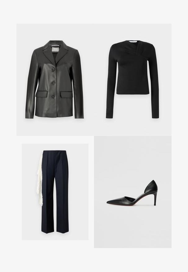 Sort faux læder blazer med klapkrave, fire knaplukninger foran og to forlommer. Glat tekstur og skræddersyet form.; Sort langærmet top med en omslagsdesign, lavet af glat stof. Har en cropped længde og en V-formet udskæring. Ingen mønstre eller accenter.; Sorte bukser med lige ben og høj talje, med et hvidt blonder tørklæde hængende på venstre side.; Sorte læder højhælede pumps med spidse tæer, åbne sider og en slank silhuet. Har en tynd hæl og rød sål som accent.