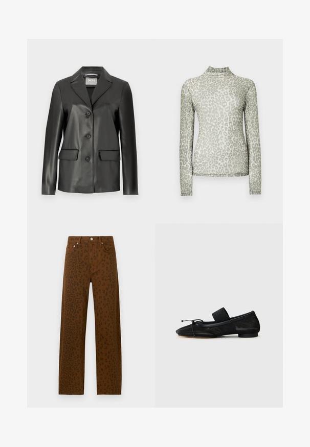Sort faux læder blazer med klapkrave, fire knaplukninger foran og to forlommer. Glat tekstur og skræddersyet form.; Langærmet top i lysegrønt meshstof med leopardmønster og høj hals. Glat tekstur med tætsiddende silhuet.; Brune jeans med sort leopardmønster, højtaljede, fem lommer og detaljer i metal.; Sort flad sko med spids tå, lavet af tekstureret stof, med en sløjfeaccent og en lille, rund hæl. Elastisk rem ved anklen.
