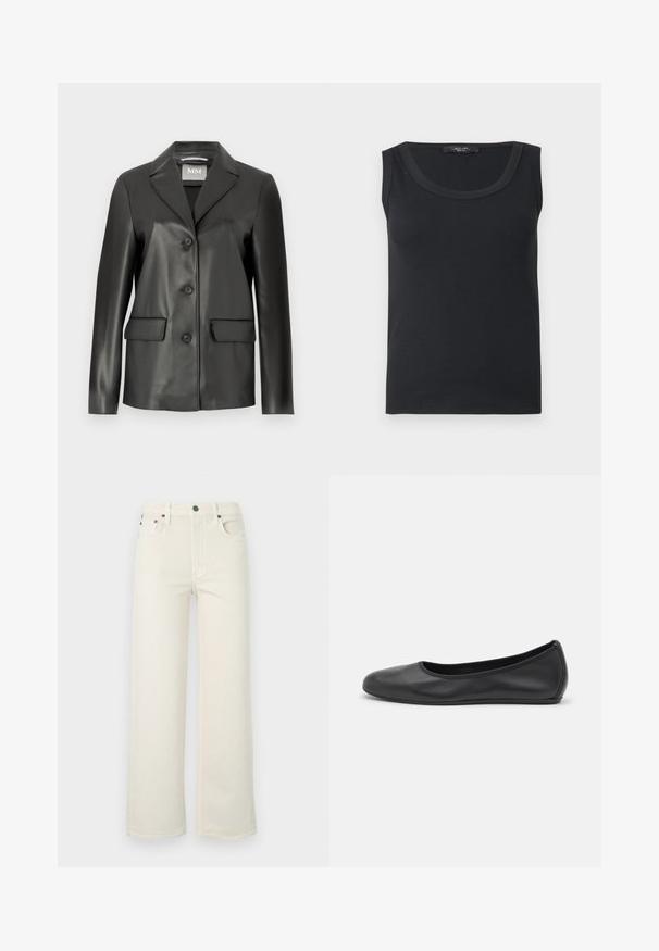 Schwarze Kunstleder-Blazer mit klappbarem Revers, Front mit vier Knöpfen und zwei Fronttaschen. Glatte Textur und taillierte Form.; Schwarzes ärmelloses, geripptes Tanktop mit rundem Ausschnitt, flach auf weißem Hintergrund präsentiert.; Off-white Jeans mit geradem Bein, vorderem Knopf, Reißverschluss, Gürtelschlaufen und Fünf-Taschen-Design auf hellem Hintergrund.; Schwarze Leder-Ballettschuhe mit abgerundeter Spitze, glatter Textur, minimalen Nähdetails und einem flexiblen Sohlen-Design.