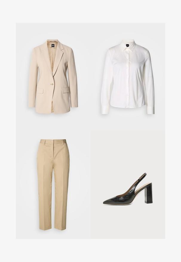 Beiger Blazer aus glattem Stoff, mit einem knöpfbaren Einreiher, zwei Fronttaschen und einem Reverskragen-Design. Das Innenfutter ist beige.; Weißes Langarmhemd mit Knöpfen, klassischem Kragen und weichem Baumwollstoff, mit slim fit und einfachem Design ohne Muster.; Beige Straight-Leg-Hose mit Gürtelschlaufen, Vorderfalz und verdecktem Verschluss, präsentiert vor hellem Hintergrund.; Schwarzer Leder-Slingback-Schuh mit spitzer Kappe, hohem Blockabsatz und beigegefüttertem Innenraum vor hellem, einfarbigem Hintergrund.