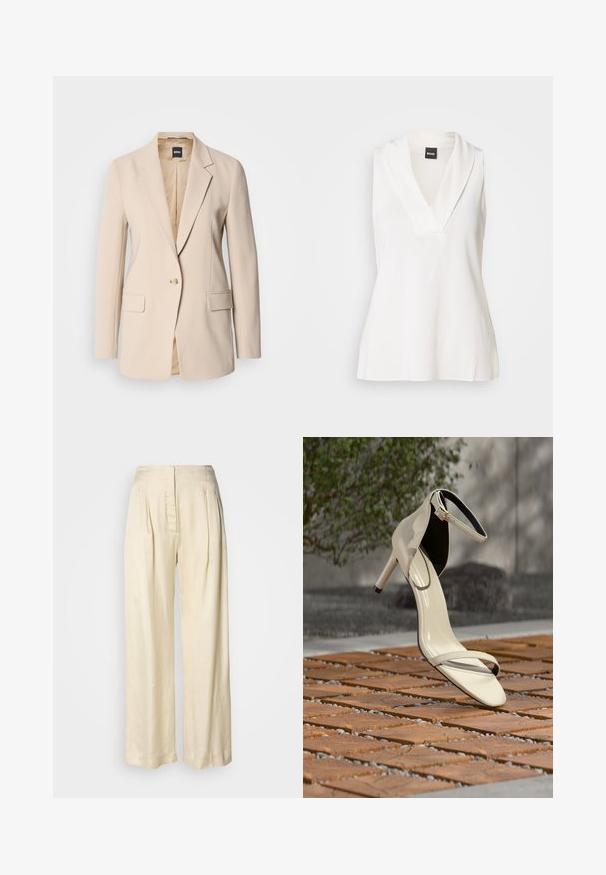 Beige blazer van gladde stof, met een enkele knoopsluiting, twee voorzakken en een gesneden revers. De binnenkant is tan.; Witte mouwloze top met een V-halsontwerp, voorzien van een gedrapeerde kraag en een gladde, licht glanzende textuur. Ideaal om te combineren in lagen.; Crèmekleurige zijden broek met hoge taille, plooien, brede pijpen en een verborgen rits aan de voorkant, afgebeeld tegen een effen witte achtergrond.; Beige sandaal met hoge hak en enkelriem, geplaatst op houten latten buiten, met vervaagde groene planten en betonnen achtergrond.