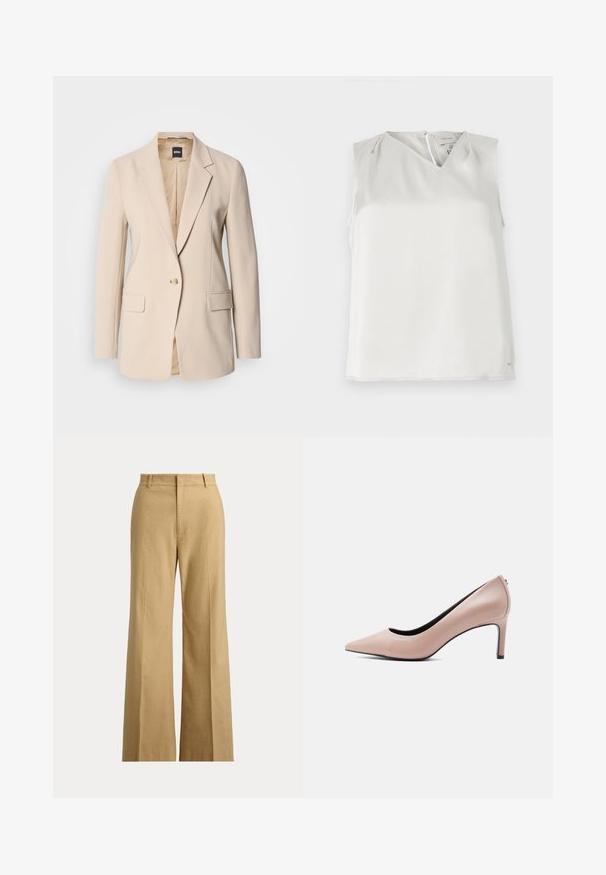 Beige blazer van gladde stof, met een enkele knoopsluiting, twee voorzakken en een gesneden revers. De binnenkant is tan.; Mouwloze witte blouse met V-hals, subtiele plooien bij de schouders en ritssluiting aan de achterkant, getoond tegen een effen achtergrond.; Beige wijde broek met hoge taille, riemlussen, voorrits en vlak voorpand tegen een witte achtergrond.; Beige pump met spitse neus en een slanke naaldhak op een effen witte achtergrond.