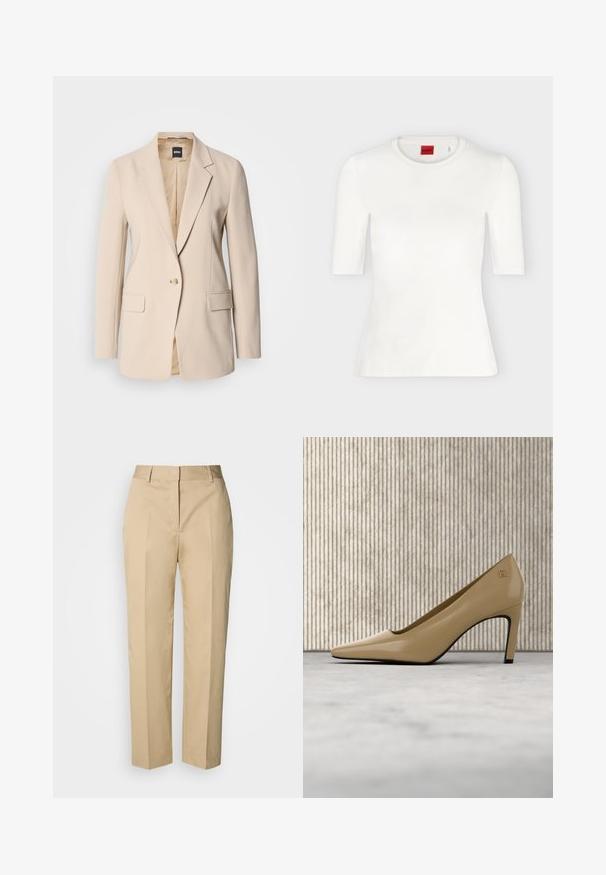 Beiger Blazer aus glattem Stoff, mit einem knöpfbaren Einreiher, zwei Fronttaschen und einem Reverskragen-Design. Das Innenfutter ist beige.; Weißes, eng anliegendes T-Shirt mit kurzen Ärmeln und rundem Ausschnitt sowie rotem Markenlabel innen im Kragen.; Beige Straight-Leg-Hose mit Gürtelschlaufen, Vorderfalz und verdecktem Verschluss, präsentiert vor hellem Hintergrund.; Beiger High-Heel-Schuh mit spitzer Spitze und kleinem goldfarbenem Emblem, aufrecht stehend auf reflektierender Oberfläche neben einem Metall-Organizer für Akten.
