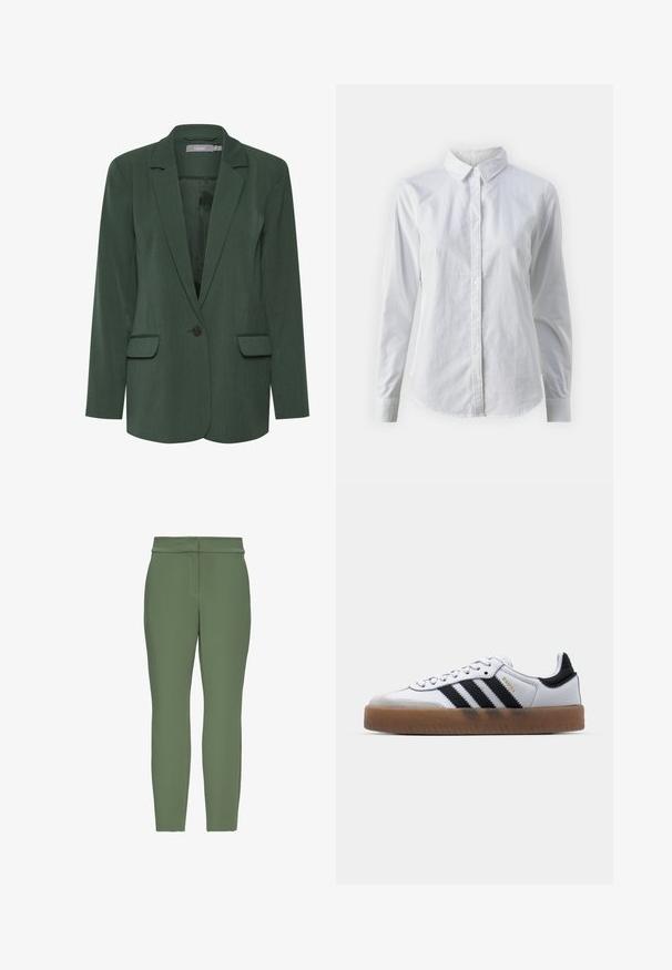 Groene op maat gemaakte blazer met een gelapte revers, enkele knoopsluiting en twee voorzakken. Gemaakt van een textuurstof met een gladde voering.; Witte overhemd met knopen van glad katoen, met een klassieke kraag, lange mouwen en een afgeronde zoom. De knopen zijn klein en wit.; Groene, aansluitende, stretch stofbroek met een soepele textuur, voorzien van een tailleband en steekzakken aan de voorkant, met een tapered leg ontwerp.; Witte leren sneakers met zwarte strepen, gumrubberen buitenzool, ronde neus, vetersluiting en een zachte grijze suède neuskap.