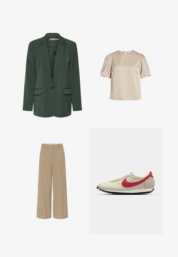 Grøn skræddersyet blazer med notch-lapel, enkelt knaplukning og to frontlommer. Lavet af tekstureret stof med en glat foring.; Beige satinbluse med korte pufærmer, rund halsudskæring og en nøglehul-lukning i ryggen. Glat tekstur, ingen synlige mønstre eller accenter.; Beige vidde bukser med høj talje, der har fremadrettede folder, bæltesløjfer og skræddersyede sømme for en struktureret pasform.; Beige lærredssneakers med rød læder swoosh, tekstureret sål og hvid mellemsål. Har traditionelle snørebånd og en forstærket hælkappe.