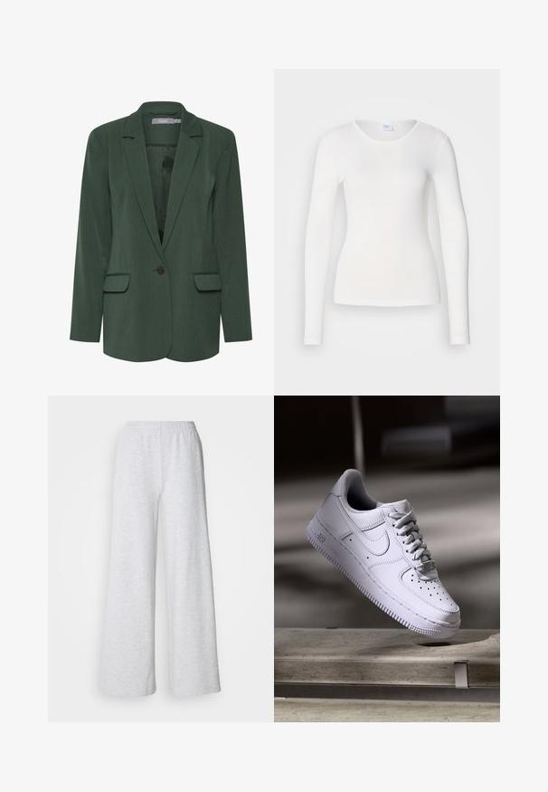 Blazer verde ajustado con solapa muesca, cierre de un botón y dos bolsillos frontales. Hecho de una tela texturizada con un forro suave.; Camisa blanca de manga larga hecha de una tela suave y lisa; presenta un cuello redondo y una forma ajustada, sin patrones ni adornos.; Pantalones de pierna ancha en gris claro con cinturilla elástica, fabricados en una tela suave con una sutil textura y sin patrones o acentos visibles.; Zapatilla Nike Air Force 1 blanca levitando sobre una superficie de hormigón con sombras en un entorno minimalista.