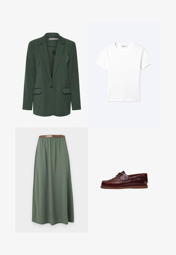 Blazer verde ajustado con solapa muesca, cierre de un botón y dos bolsillos frontales. Hecho de una tela texturizada con un forro suave.; Camiseta blanca lisa de manga corta con cuello redondo y una pequeña etiqueta "WEEKDAY" dentro del cuello, mostrada extendida sobre un fondo claro.; Falda de algodón verde con cintura elástica, que incluye un cinturón de cuero marrón. El diseño es de largo completo con una textura suave y una forma fluida.; Zapato náutico de cuero marrón con cordones, detalles de costura y logo de Timberland en el lateral, mostrado sobre un fondo blanco.