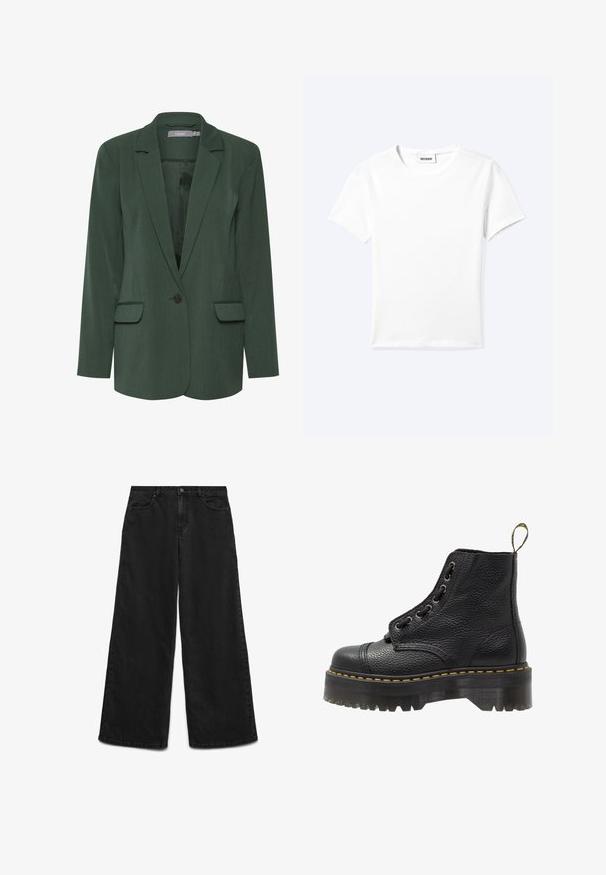 Blazer verde ajustado con solapa muesca, cierre de un botón y dos bolsillos frontales. Hecho de una tela texturizada con un forro suave.; Camiseta blanca lisa de manga corta con cuello redondo y una pequeña etiqueta "WEEKDAY" dentro del cuello, mostrada extendida sobre un fondo claro.; Pantalones vaqueros negros de pierna ancha con cierre delantero de botón y cremallera, bolsillos delanteros y costuras visibles sobre fondo blanco.; Botín negro de cuero con superficie texturizada, punta redonda, diseño de cordones, costuras amarillas y una gruesa suela de plataforma negra estriada.