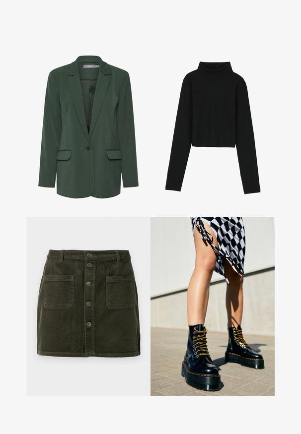 Groene op maat gemaakte blazer met een gelapte revers, enkele knoopsluiting en twee voorzakken. Gemaakt van een textuurstof met een gladde voering.; Even&Odd by Zalando Longsleeve - black; Groene corduroy mini-jurk met een knoopsluiting aan de voorkant, twee voorzakken en een gestructureerd oppervlak. Beschikt over een aansluitende taille en een rechte snit.; Zwarte leren platformlaarzen met chunky zolen, gouden veters en oranje stiksels, gecombineerd met een geruite rok met een zijformulier.