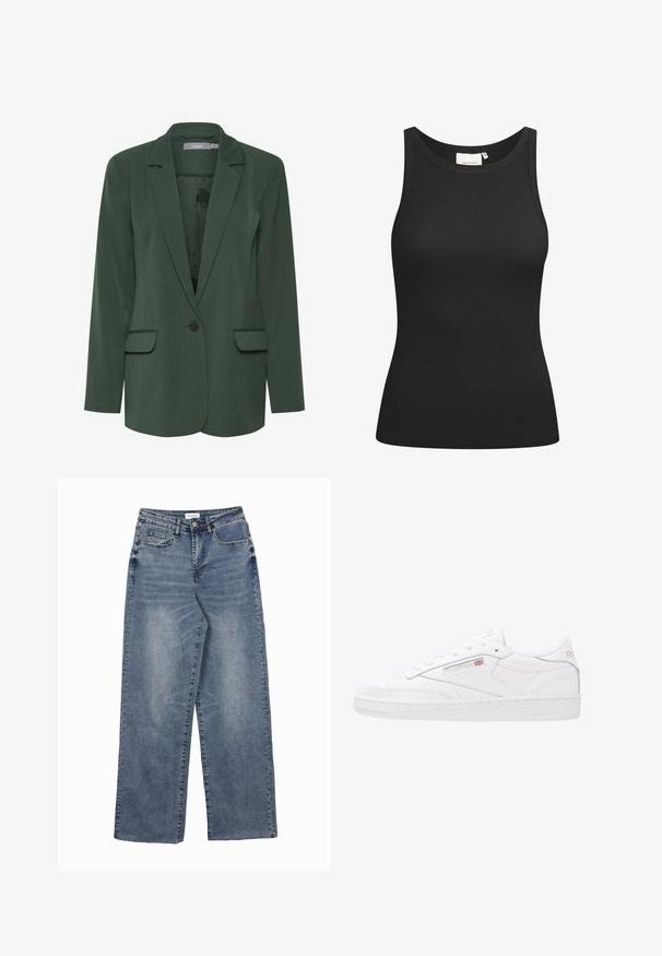 Grüner maßgeschneiderter Blazer mit reverförmigem Revers, einreihiger Knopfverschluss und zwei vorderen Taschen. Hergestellt aus strukturiertem Stoff mit glatter Fütterung.; Schwarzes Tanktop aus Rippstoff mit Rundhalsausschnitt und figurbetonter Passform. Flache Nähte und keine Verzierungen. Einfaches und elegantes Design.; Blaue Jeans im weiten Schnitt mit Gesäß- und Münztaschen, Knopfverschluss und Details im verwaschenen Look.; Weiße Leder-Sneaker mit einem Low-Top-Design, Schnürverschluss, strukturierten Seitenpanelen und geprägtem Reebok-Branding. Gummiaußensohle.