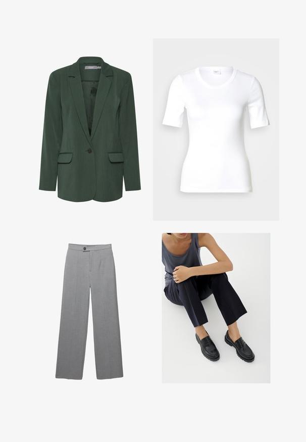Grøn skræddersyet blazer med notch-lapel, enkelt knaplukning og to frontlommer. Lavet af tekstureret stof med en glat foring.; Hvid T-shirt med korte ærmer lavet af glat bomuld, med rund halsudskæring og en tætsiddende pasform. Klassisk design uden mønstre eller detaljer.; Grå skræddersyede bukser med bred ben, flad front og subtil tekstur. Har en enkelt knaplukning og rene linjer.; Sorte læderloafers med teksturerede detaljer, lav hæl, rund tå og synlige syninger. Modellen bærer mørke bukser og en grå top.