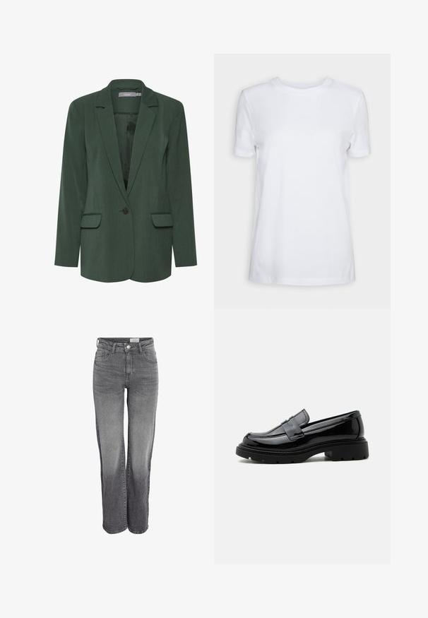 Blazer verde ajustado con solapa muesca, cierre de un botón y dos bolsillos frontales. Hecho de una tela texturizada con un forro suave.; Camiseta blanca lisa de manga corta con cuello redondo, ajuste regular y una pequeña etiqueta interior en el cuello que dice "SELECTED FEMME."; Vaqueros de mezclilla gris de talle alto y pierna recta, con cierre frontal de botones, trabillas para cinturón y desgaste en muslos y rodillas.; Mocasín de cuero negro brillante con suela gruesa de tacos y tira tipo "penny", mostrado de perfil sobre un fondo blanco liso.