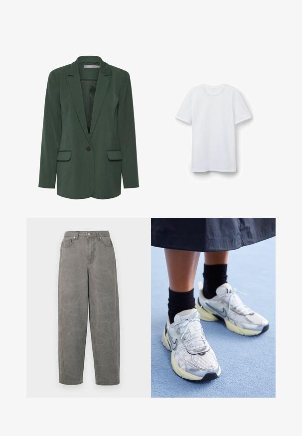 Blazer verde ajustado con solapa muesca, cierre de un botón y dos bolsillos frontales. Hecho de una tela texturizada con un forro suave.; Camiseta de algodón blanca con cuello redondo y mangas cortas. Presenta una textura suave y un ajuste regular. Sin patrones o acentos visibles.; Pantalones de denim gris con un ajuste relajado, cintura alta, diseño de cinco bolsillos y un ligero desgastado. Presentan una cremallera y un cierre de botón metálico.; Zapatillas Nike blancas y plateadas con tejido de malla, detalles reflectantes y una suela beige. Llevadas con calcetines negros, de pie sobre una superficie azul.