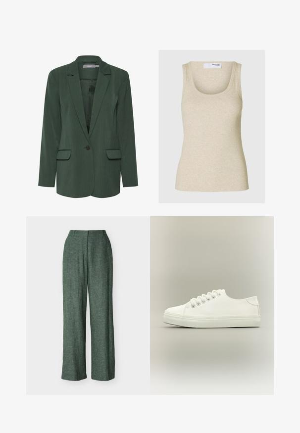 Groene op maat gemaakte blazer met een gelapte revers, enkele knoopsluiting en twee voorzakken. Gemaakt van een textuurstof met een gladde voering.; Beige geribbelde tanktop met een ronde hals en brede schouderbanden. Gemaakt van zachte stof en heeft een getailleerd silhouet.; Donkergroene wijduitlopende broek met hoge taille en voorplooien, weergegeven op een effen achtergrond.; Witte lage sneaker met witte veters en rubberen zool, zijaanzicht op een neutrale achtergrond.