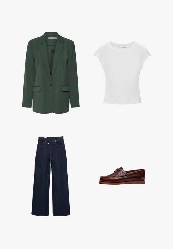 Groene op maat gemaakte blazer met een gelapte revers, enkele knoopsluiting en twee voorzakken. Gemaakt van een textuurstof met een gladde voering.; Witte katoenen T-shirt met korte, opgerolde mouwen, een ronde halslijn en een rechte zoom. Gladde textuur zonder zichtbare patronen of accenten.; Donkerblauwe wijde denim jeans met hoge taille en knoopsluiting, met voor- en achterzakken en bruine stiksels.; Bruine leren boot schoen met veters, stiksel details en Timberland-logo aan de zijkant, weergegeven op een witte achtergrond.