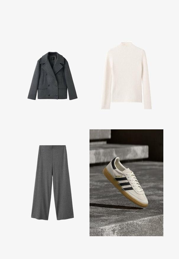 Grå uldblandet topeanuts peacoat med klapkrave, to sidelommer og knaplukninger, der har en struktureret form og tekstureret stof.; Ribstrikket rullekravesweater i off-white, lavet af blødt strikstof. Har lange ærmer og en tætsiddende silhuet.; Grå bukser med vide ben lavet af et blødt, tekstureret stof. Har høj talje og afslappet pasform, uden synlige beslag eller mønstre.; Hvid Adidas Spezial sneaker med sorte striber og gummisål, svævende over grå stentrin udendørs.