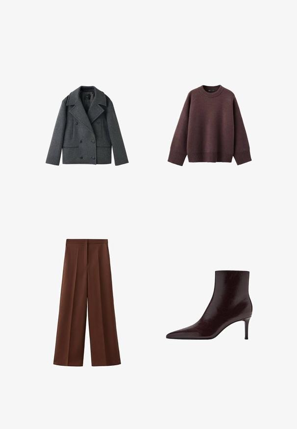 Grå uldblandet topeanuts peacoat med klapkrave, to sidelommer og knaplukninger, der har en struktureret form og tekstureret stof.; Løs pasform sweater i mørk bordeaux, lavet af blødt strikket stof. Har en ribstrikket rund hals, vide ærmer og en ribstrikket kant.; Brune bukser med høj talje og vide ben, med forreste plisseringer og skjult linninglukning.; Bordeaux læder ankelstøvle med spids tå, slankt design og høj stilettohæl. Glat tekstur med subtile korndetaljer.