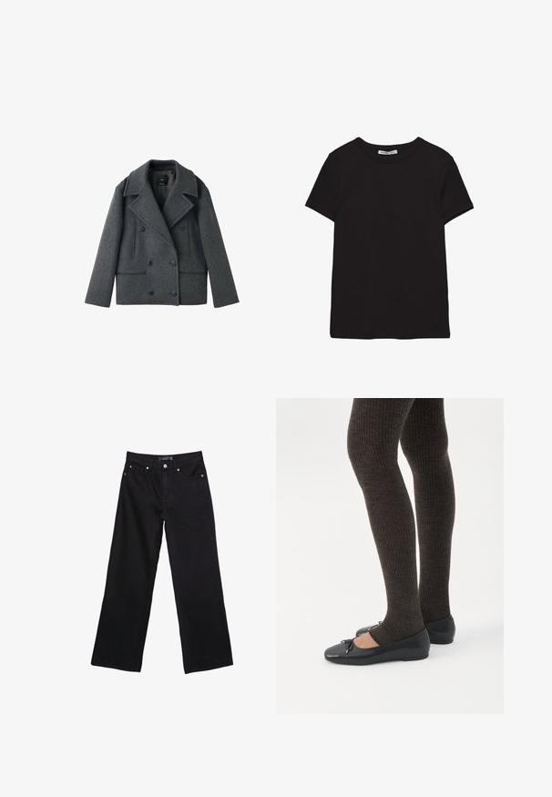 Grå uldblandet topeanuts peacoat med klapkrave, to sidelommer og knaplukninger, der har en struktureret form og tekstureret stof.; Sort kortærmet t-shirt i bomuld med rund halsudskæring, standard pasform og synlig indvendig halsmærkat.; Sorte højtaljede vidde jeans med foran knap, lynlås og fem-lomme design, lagt fladt på en hvid baggrund.; Ben iført mørke ribbede leggings kombineret med sorte balletsko med små sløjfedetaljer på hvid baggrund.