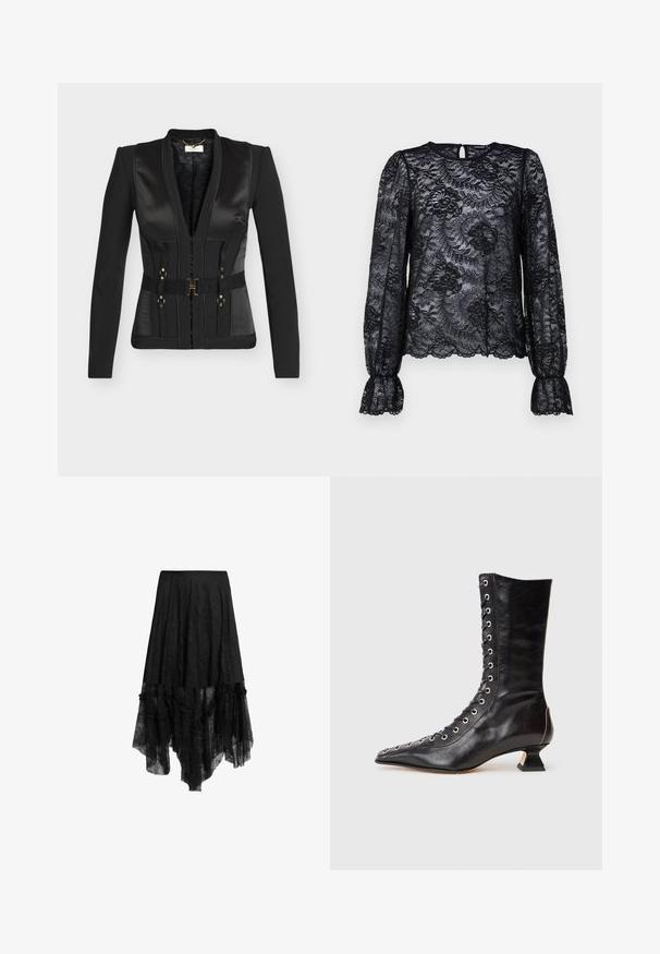 Blazer noir sur mesure avec revers en satin, ceinture cintrée avec boucle dorée, manches longues et détails structurés sur les panneaux.; Blouse en dentelle noire avec des manches longues bouffantes et un col rond. Présente des motifs floraux et un détail en trou de serrure à l'arrière. Finition en dentelle texturée.; Jupe noire asymétrique avec superposition de dentelle transparente et ourlet à volants, équipée d'une ceinture ajustée et de détails texturés sur le tissu.; Bottine noire en cuir avec un bout pointu, laçage à l'avant, œillets en métal, petit talon block et un design épuré. Texture lisse, silhouette moderne.