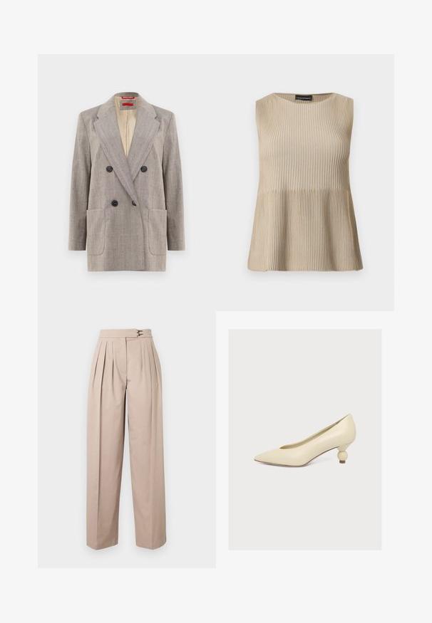 Dubbelzijdige blazer in lichtgrijs met een textuurstof, met afgeronde revers, twee voorkruiszakken en zwarte knopen. Binnenkant gevoerd met beige.; Mouwloos beige geribd gebreid topje met ronde halslijn en uitlopende zoom, gepresenteerd tegen een witte achtergrond.; Beige wijde broek met plooi, twee metalen sluitingen bij de taille en een gladde katoentextuur. Geen zichtbare zakken.; Crèmekleurige pumps met een puntige neus en een lage, unieke bolvormige hak op een effen witte achtergrond.