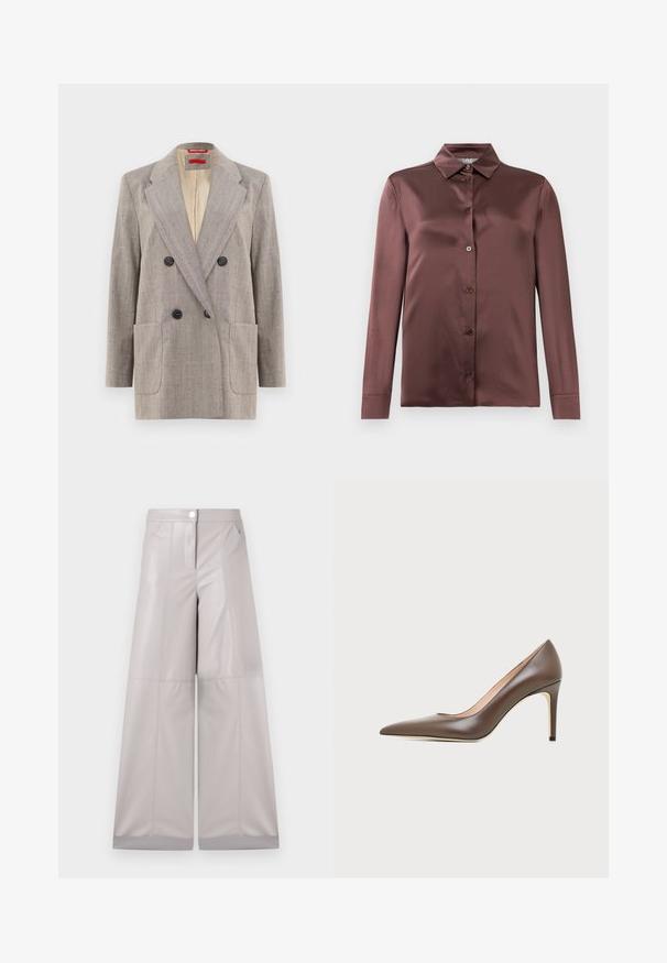 Dobbeltknappet blazer i lysegrå med tekstureret stof, vendte revers, to frontlommer og sorte knapper. Indersiden foret i beige.; Langærmet satin skjorte i dyb mauve med spids krave og frontknapper, lagt fladt mod en hvid baggrund.; Bredde ben bukser i lys grå kunstlæder med en knaplukning foran, to sidelommer og syningdetaljer for ekstra struktur.; Brun læder peptået højhælet sko med en slank stilethæl og glat finish på en lys baggrund.