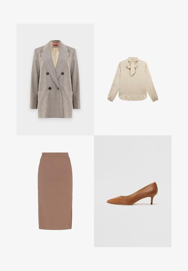 Dubbelzijdige blazer in lichtgrijs met een textuurstof, met afgeronde revers, twee voorkruiszakken en zwarte knopen. Binnenkant gevoerd met beige.; Beige blouse met lange mouwen en een strikdetail bij de halslijn, gladde textuur, en geraffineerde manchetten, met een afgeronde zoom.; Bruine bloezende rok van rekbare stof, met een hoge taille, rechte snit en zijsplitten voor bewegingsgemak.; Lauren Ralph Lauren ADRIENNE - Klassieke pumps - deep saddle tan
