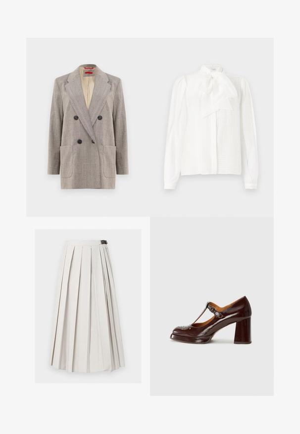 Blazer de doble botonadura en gris claro con tejido texturizado, solapas en pico, dos bolsillos frontales y botones negros. Interior forrado en beige.; Blusa blanca con un cuello alto, detalle de lazo, mangas largas con puños abotonados y una tela texturizada a rayas.; Falda larga blanca plisada con cierre lateral de hebilla, mostrada plana sobre un fondo blanco.; Chie Mihara KAYLA - Tacones - sucre choco/kimera leche