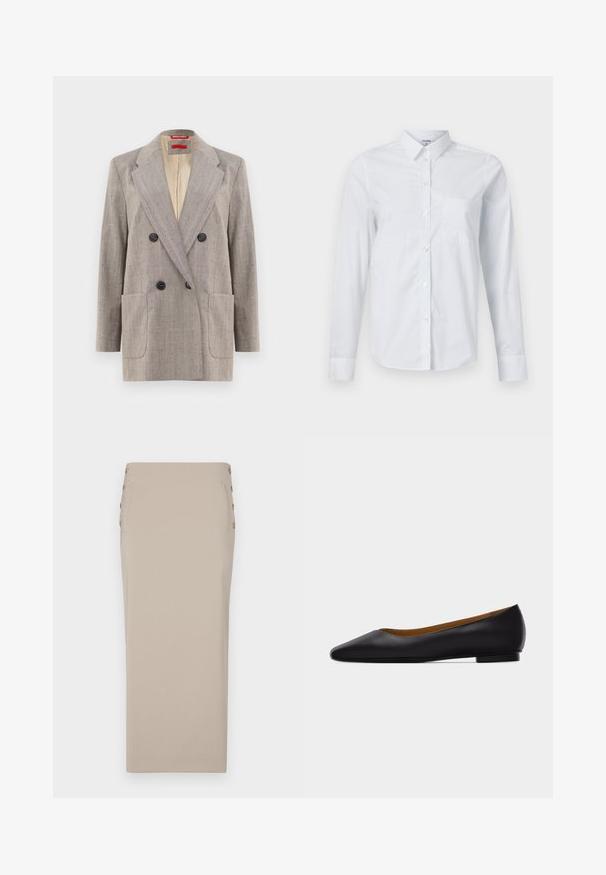 Blazer de doble botonadura en gris claro con tejido texturizado, solapas en pico, dos bolsillos frontales y botones negros. Interior forrado en beige.; Camisa blanca de manga larga hecha de algodón, con cuello, cierre frontal abotonado y un solo bolsillo en el pecho. Textura suave. Sin estampados.; Falda lápiz beige hecha de una tela suave, con botones laterales, una silueta estilizada y sin bolsillos ni patrones visibles.; Zapato plano de punta puntiaguda de cuero negro con tacón bajo y acabado liso, mostrado de perfil sobre un fondo gris claro.
