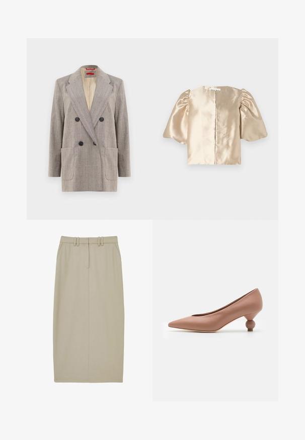 Dobbeltknappet blazer i lysegrå med tekstureret stof, vendte revers, to frontlommer og sorte knapper. Indersiden foret i beige.; Satin beige cropped top med puffede ærmer, rund halsudskæring og central lukning. Designet har en glat tekstur med en diskret glans.; Beige blyantskørt lavet af glat stof, med to forlommer, en enkelt midternaht og en talje med to vandrette bæltestropper.; Weekend Max Mara RENZA - Pumps - nudo