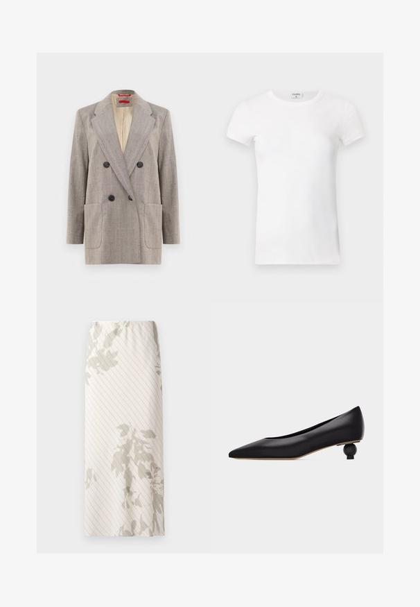 Dubbelzijdige blazer in lichtgrijs met een textuurstof, met afgeronde revers, twee voorkruiszakken en zwarte knopen. Binnenkant gevoerd met beige.; Wit geribd T-shirt met korte mouwen en een ronde hals. De stof lijkt glad met een getailleerde pasvorm. Logo zichtbaar op de kraag.; Witte rok met een smal streepjespatroon en lichtgrijze bloemmotieven. Elastische tailleband voor een comfortabele fit.; Zwarte lage schoen met puntige neus, unieke rond gevormde hak en glad leren bovenwerk, zijaanzicht op een witte achtergrond.