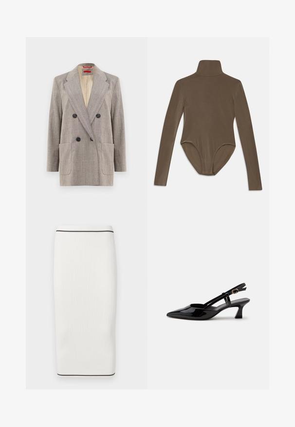 Dobbeltknappet blazer i lysegrå med tekstureret stof, vendte revers, to frontlommer og sorte knapper. Indersiden foret i beige.; Langærmet bodysuit i mørkebrunt stof, med høj krave, glat tekstur og scoop-back design med en tætsiddende pasform.; Strikket blyantskørt i hvid med ribbet tekstur, med en sort accentlinje ved taljen og kanten, designet til at sidde tæt til kroppen.; Sort laklæderslingback med lille hæl, spids tå og justerbar guldlåsrem på hvid baggrund.