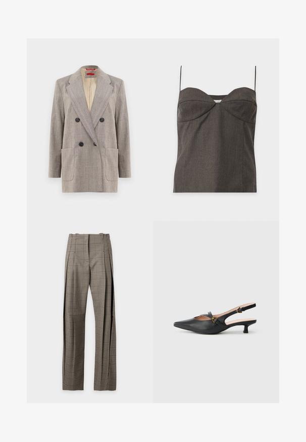 Blazer croisé en gris clair avec un tissu texturé, revers crantés, deux poches avant et boutons noirs. Doublure intérieure en beige.; Haut bustier gris foncé sans bretelles avec fines bretelles spaghetti et détails subtils de coutures sur fond blanc.; Pantalon taille haute à jambes larges avec motif à carreaux beige et noir et plis, présenté sur un fond clair uni.; Escarpin noir en cuir à bride arrière avec bout pointu, petit talon, design découpé et détail de boucle dorée sur la bride.