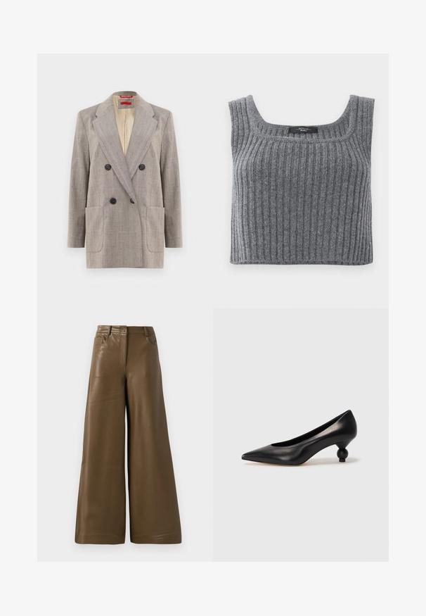 Dubbelzijdige blazer in lichtgrijs met een textuurstof, met afgeronde revers, twee voorkruiszakken en zwarte knopen. Binnenkant gevoerd met beige.; Weekend Max Mara ZURCA - Top - antracite; Brede broek van glad, bruin faux leder. Heeft een hoge taille, vier zakken en een rits aan de voorkant. Voorzien van een vlakke textuur en minimalistisch design.; Zwarte leren hoge hak schoen met een spitse neus en een ronde, bolle hak. Gladde textuur met een elegant, minimalistisch ontwerp.