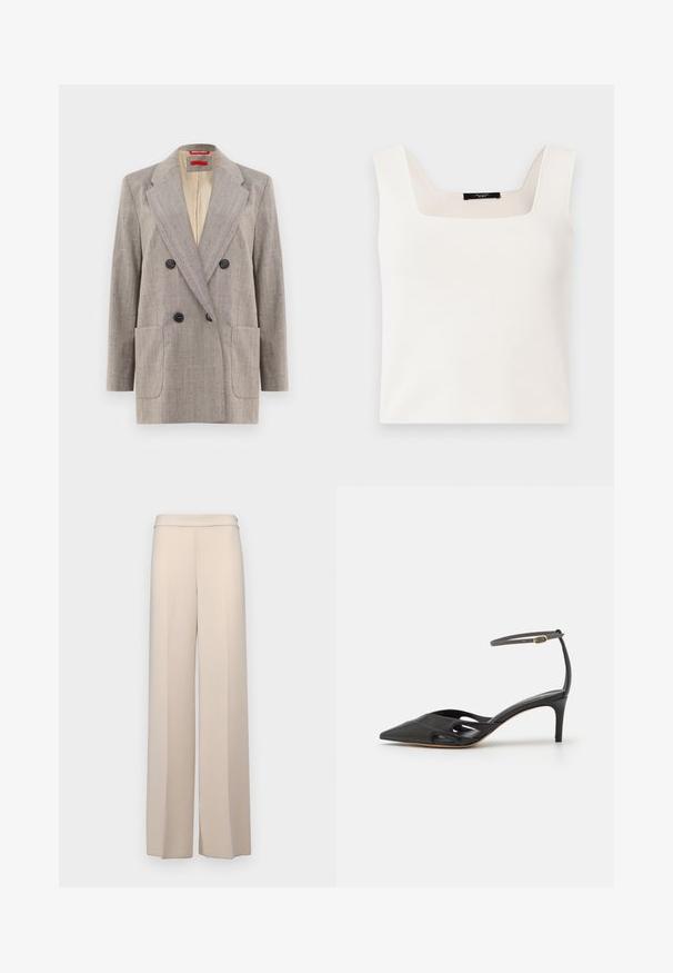 Dobbeltknappet blazer i lysegrå med tekstureret stof, vendte revers, to frontlommer og sorte knapper. Indersiden foret i beige.; Ærmeløs hvid top med firkantet halsudskæring, lavet af et glat, blødt stof. Har en afslappet pasform og minimalistisk design.; Beige vidde bukser i et glat stof med høj talje og subtile frontfolder. Ingen lommer eller synlige hardware detaljer.; Sort læder højhælet sko med spids tå, åbne sider og en tynd ankelrem med en lille guld detalje.