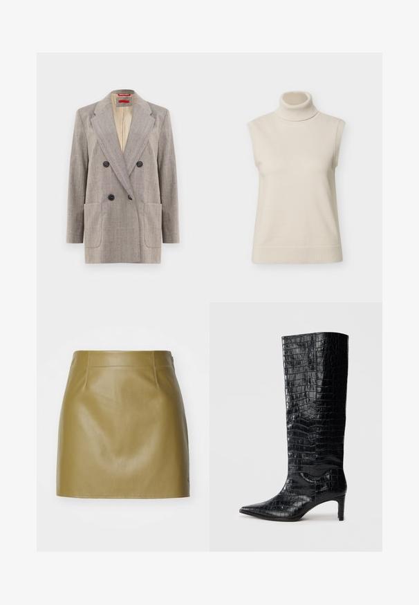 Dobbeltknappet blazer i lysegrå med tekstureret stof, vendte revers, to frontlommer og sorte knapper. Indersiden foret i beige.; Ærmeløs beige strikket rullekravetrøje med ribbet halsudskæring og kant, vist på ensfarvet hvid baggrund.; Olivengrøn læder mini-nederdel med en glat overflade, der har to forreste sømme og en lige pasform, afsluttet med minimalistiske syninger.; Sorte knæhøje støvler med en blank, krokodillemønstret tekstur, spids tå og en affaset hæl. Glat syntetisk materiale.