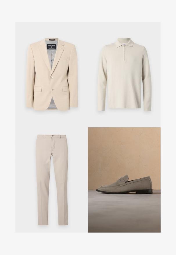 Beige blazer i blødt stof, to forlommer, klapkraver, enkelt knaplukning og en glat grå foring.; Cremefarvet langærmet polo skjorte med lynlås i kraven, lavet af blødt, struktureret stof, med en klassisk pasform og minimalistisk design.; Beige, smalle bukser med bæltestropper, knaplukning og frontlynlås, vist fladt mod en hvid baggrund.; Beige ruskind loafers med en mørk sål, vist mod en baggrund af matchende tæppe og sofa.