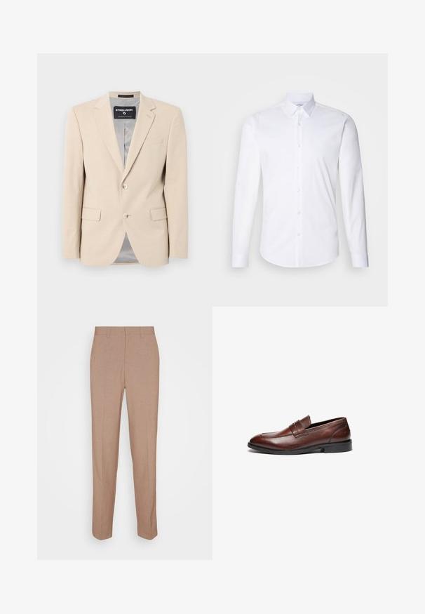 Beige blazer i blødt stof, to forlommer, klapkraver, enkelt knaplukning og en glat grå foring.; Hvid langærmet skjorte med knaplukning lavet af glat bomuldsstof, med en klassisk krave, knaplukning og buet kant.; Beige skræddersyede bukser i en glat, struktureret stof. Straight fit med en linning og uden synlige pyntedetaljer eller lommer.; Brune læder loafers med en glat finish, rund tå, dekorativ rem og sort gummisål. Har minimal syning detaljer.